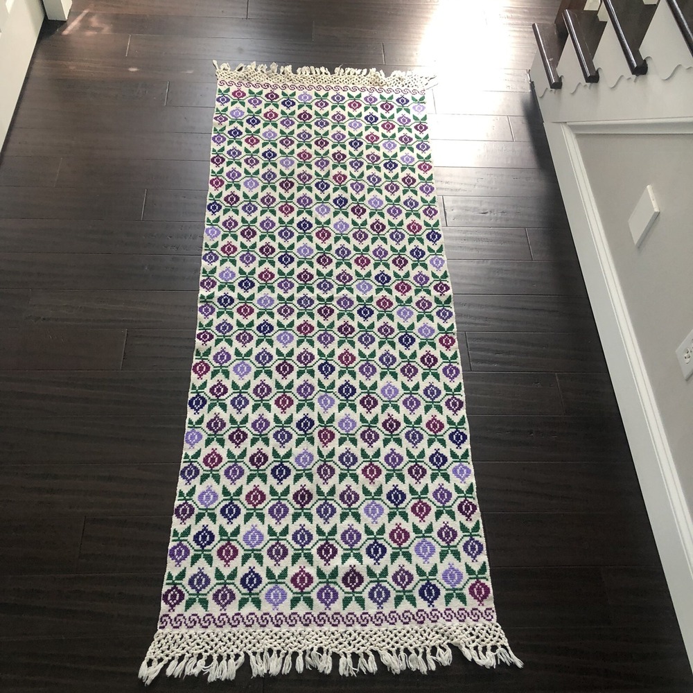 Vintage Hand Knit Floral Lap Blanket Table Runner Fringe Edge MCM 75" x 28" - Picture 2 of 8